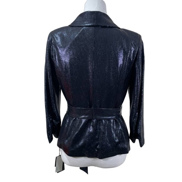 Adrianna Papell Women's Indigo Blue Metallic Wrap Top Size 4 Tie 3/4 Sleeve $139 - Picture 6 of 10